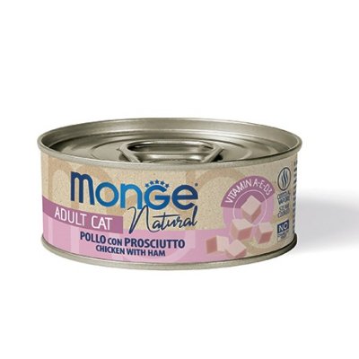 MONGE NATURAL  Cat kuracie mäso v konzerve, šunka 80g/24bal.