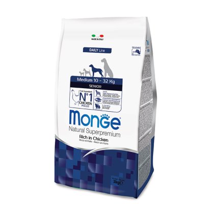 MONGE DOG Medium Senior Kurča, ryža 3kg 26/13