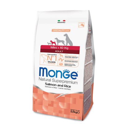 MONGE DOG Mini Adult Losos, ryža 2,5kg, 27/14