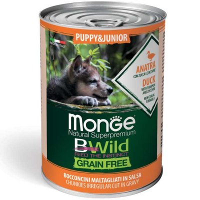 MONGE BWILD DOG Puppy Grain Free, Kačacie kúsky v omáčke s tekvicou a cuketou 400g