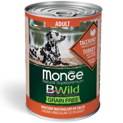 MONGE BWILD DOG Adult Grain Free, Morčacie kúsky v omáčke s tekvicou a cuketou 400g