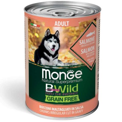 MONGE BWILD DOG Adult Grain Free, Lososové kúsky v omáčke s tekvicou a cuketou 400g