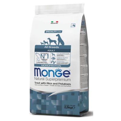 MONGE DOG Pstruh, ryža, zemiaky 2,5kg, 28/15
