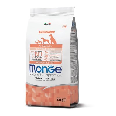 MONGE DOG Puppy & Junior Losos, ryža 2,5kg 31/18