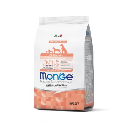 MONGE DOG Puppy & Junior Losos, ryža 800g 31/18