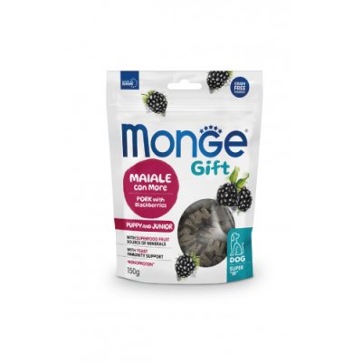 MONGE GIFT Dog Puppy/Junior "M"  maškrty s bravčovým mäsom a černicou 150g/10