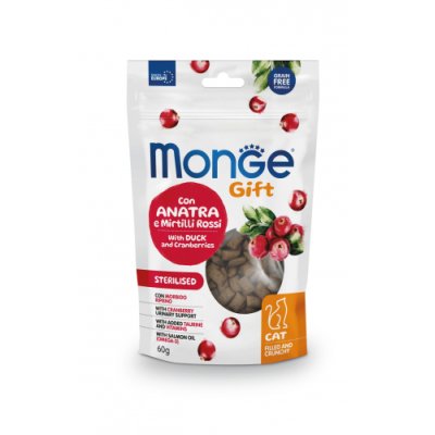 Monge Gift Cat Sterilized Plnené vankúšiky s kačacím mäsom a brusnicou 60g/10