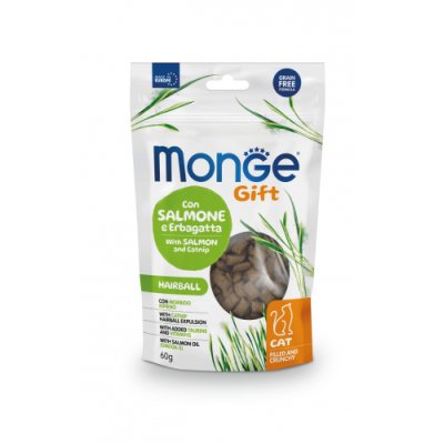MONGE GIFT Cat Hairball Plnené vankúšiky s lososom a šantou mačacou 60g/10