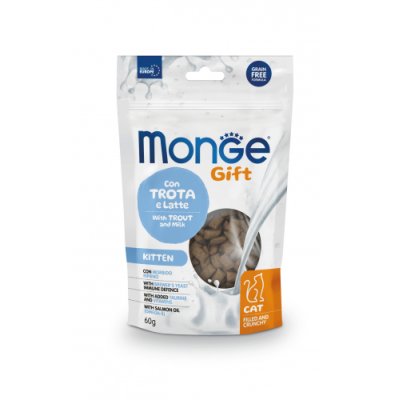 MONGE Gift Kitten  Plnené vankúšiky so pstruhom a mliekom 60g/10