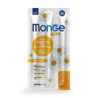 MONGE Gift Kitten mäkké tyčinky pstruh/harmanček 15g(35)