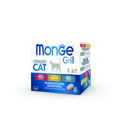 MONGE GRILL Sterilised Cat MULTIPACK kapsičky teľacie, pstruh, kohútik 12ks/ 85g