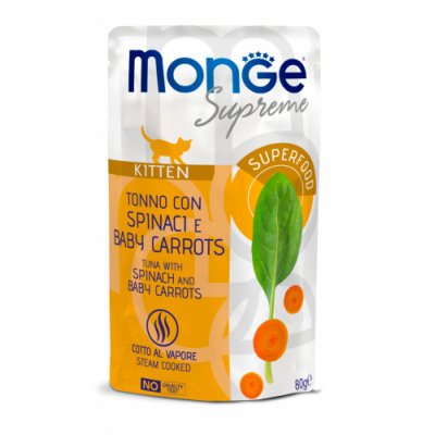 MONGE SUPREME Kitten FLAKES kapsička tuniak/špenát/baby karotka 80g/24bal