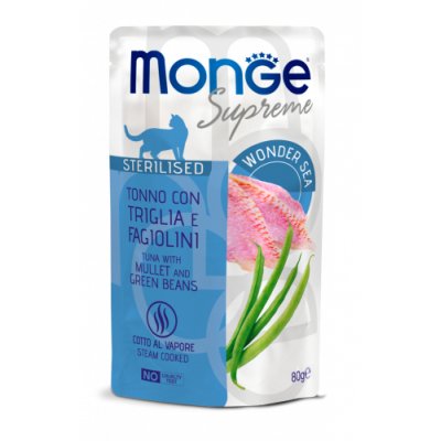 MONGE SUPREME Sterilised Cat FLAKES kapsička tuniak/parmica/zelené fazuľky 80g/24bal