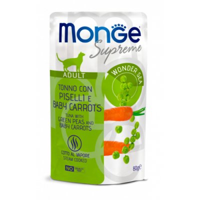 MONGE SUPREME Cat FLAKES kapsička tuniak/hrášok/baby karotka 80g/24bal