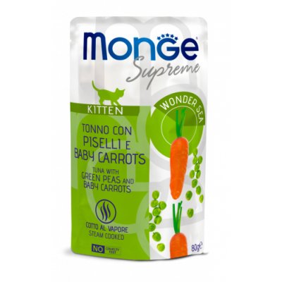 MONGE SUPREME Kitten FLAKES kapsička tuniak/hrášok/baby karotka 80g/24bal