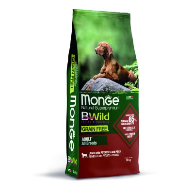 MONGE BWILD Dog Adult - Grain Free - Jehně s bramborem a hráškem 12kg 28/16,5