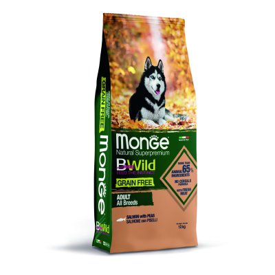 MONGE BWILD Dog Adult - Grain Free - Losos s hráškem 12kg 32/16