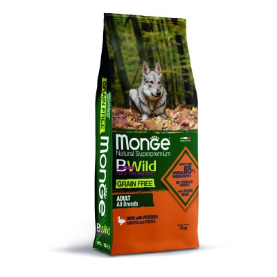 MONGE BWILD Dog Adult - Grain Free - Kachna s bramborem 12kg 30/20