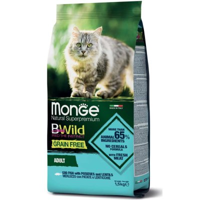MONGE BWILD Cat  Adult  Treska, s bramborami a čočkou 34/14    1,5kg