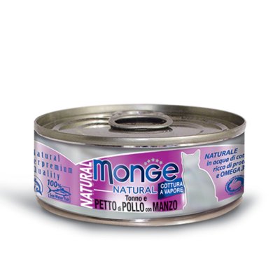 MONGE NATURAL Cat tuniak, kuracie, hovädzie mäso 80g/24 bal. - monge_gatto_umido_natural_al_vapore_tonno_e_petto_di_pollo_con_manzo.jpg