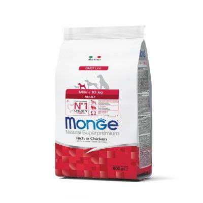 MONGE DOG Mini Adult Kurča, ryža 800g, 26/14